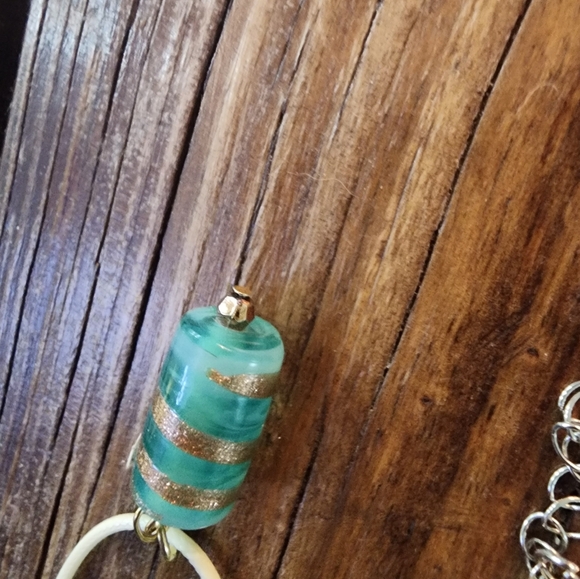 Handmade Beige cord Necklace with aqua clear and gold bead - Picture 3 of 4